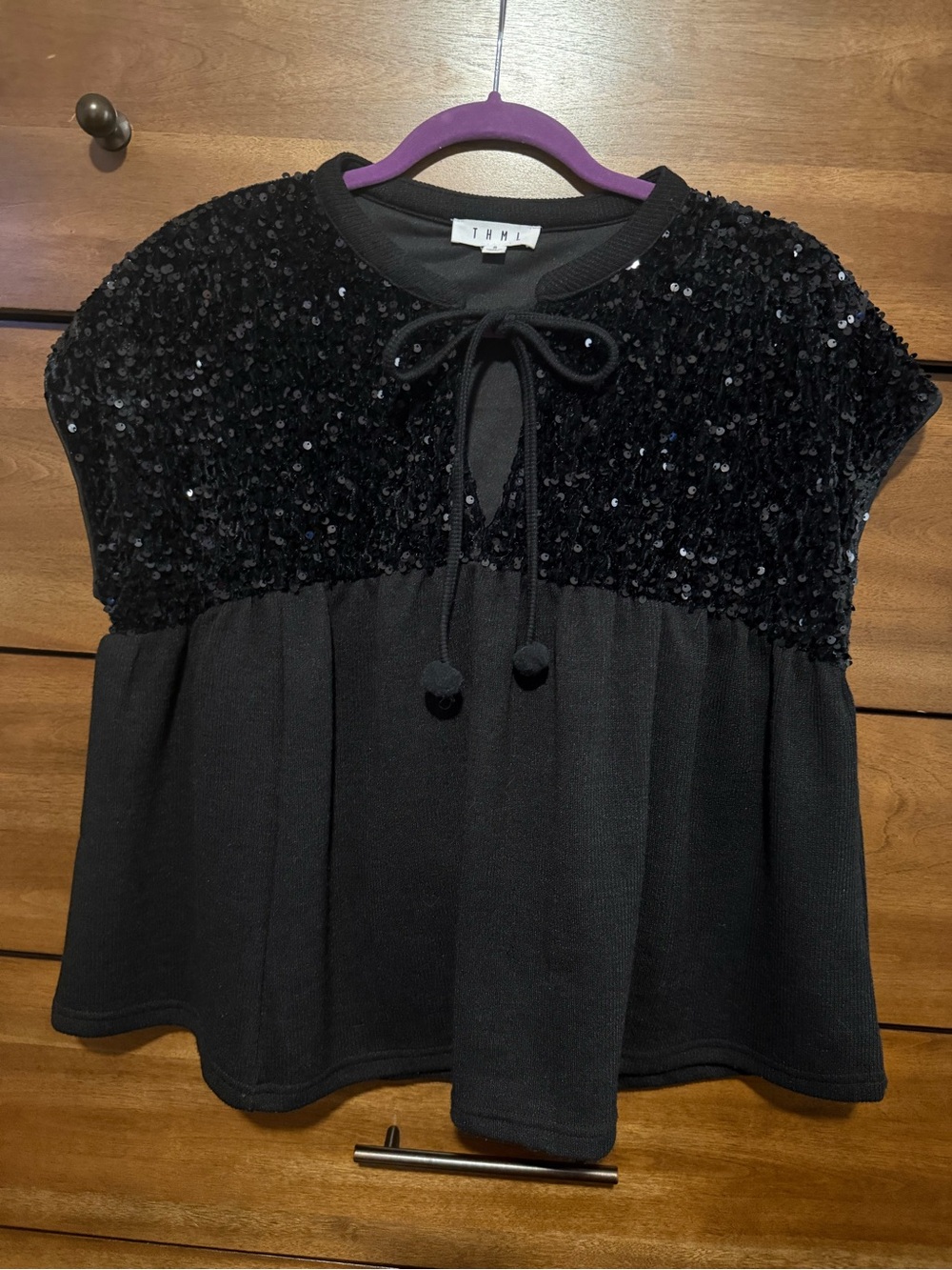 THML Black Sequin Tie Front Babydoll Peplum Top Size Small